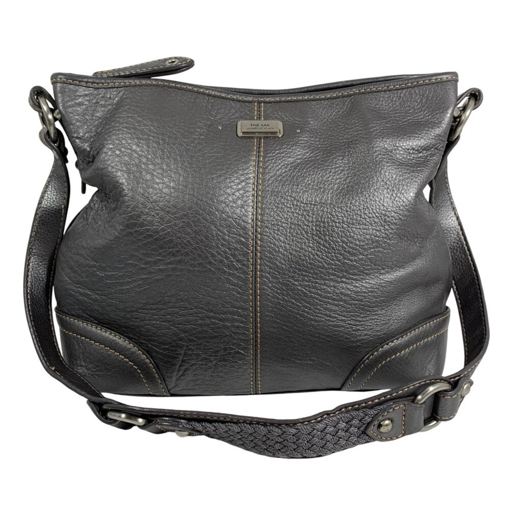 The Sak Metallic Gray Pebbled Leather Shoulder Bag Textured Strap w/ Charm